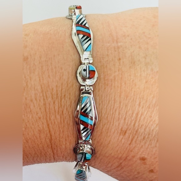 Jewelry - Vtg Native American ZUNI Sterling Sun Face Inlaid Onyx Pearl Coral Bracelet 6.5"